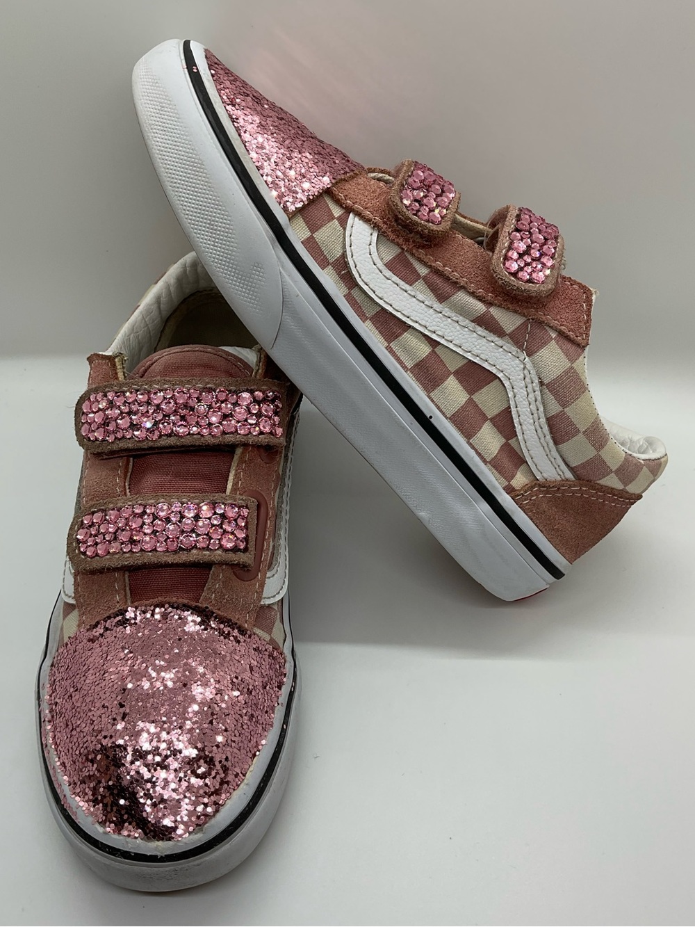 🦊 VANS GIRLS Old Skool V Check Youth Sneakers in Rose & Cream Kids Size1 Velcro